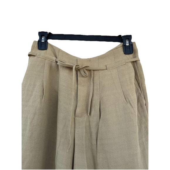 Women Khaki Wide Leg Linen Blend Pants Tie Waist Relaxed Fit Size S - Picture 2 of 7